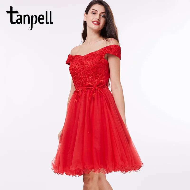 Tanpell off the shoulder cocktail dress black knee length beaded a line