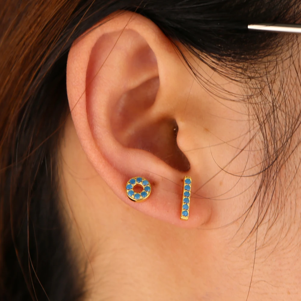 

Top quality 925 sterling silver mini pave blue turquoises stone baguette round strip earrings women girl fashion circle jewelry