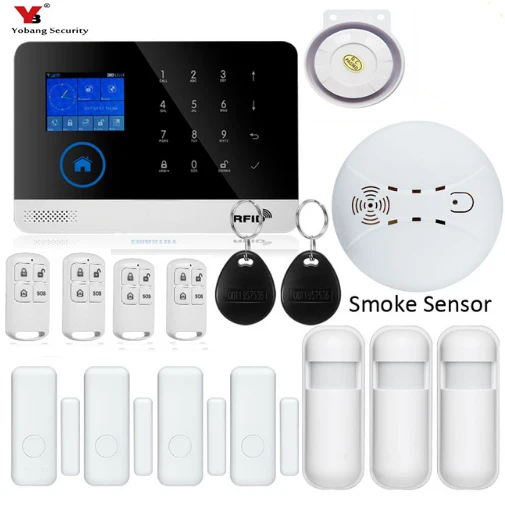 

Yobang Security APP Remote Control RFID Keyboard WIFI 3G WCDMA SMS Home Alarm Security System Video IP Camera Smoke Fire Sensor