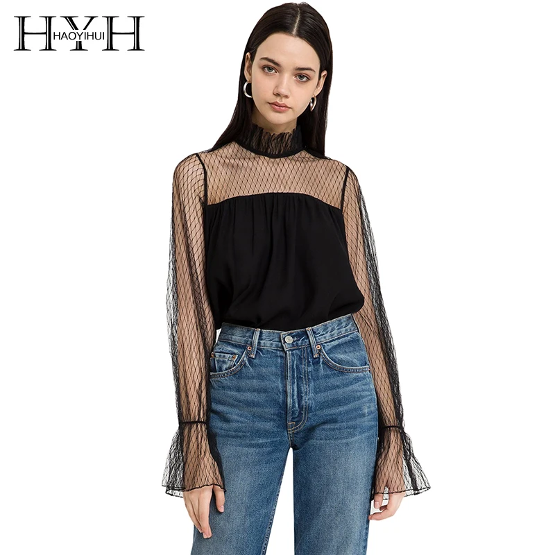 

HYH HAOYIHUI Women Sexy Solid Black See Through Mesh Patchwork Tops Vintage Soft High Collar Long Sleeve Loose Shirt