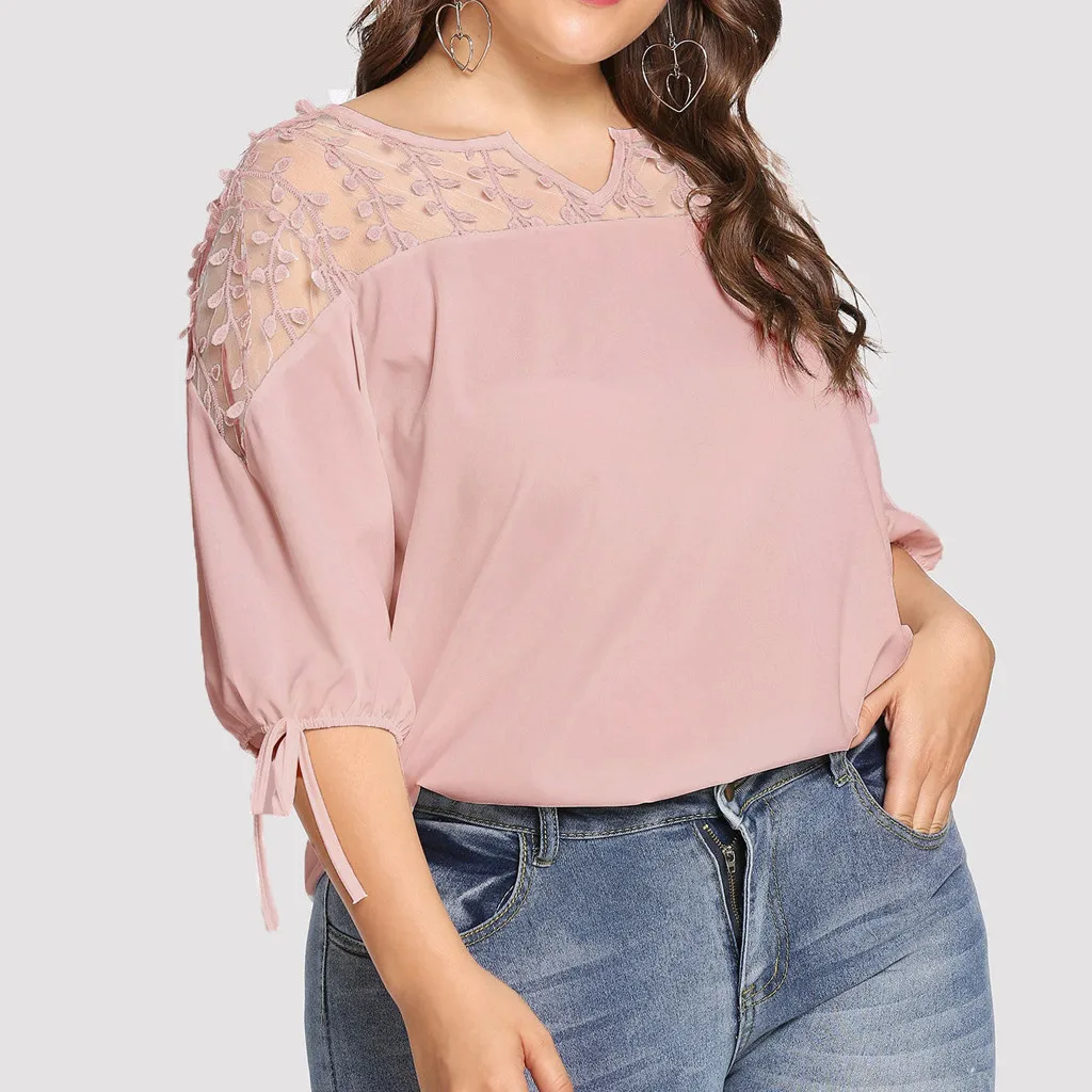 Plus Size Summer Fashion Casual Chiffon Tops Bow Blouse Mesh Tee Top Female Women's Half Sleeve Shirt  