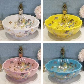 

Europe Vintage Style Hand flower Art Porcelain Countertop Handmade Bathroom Vessel Sinks ceramic wash basin butterfly pattern