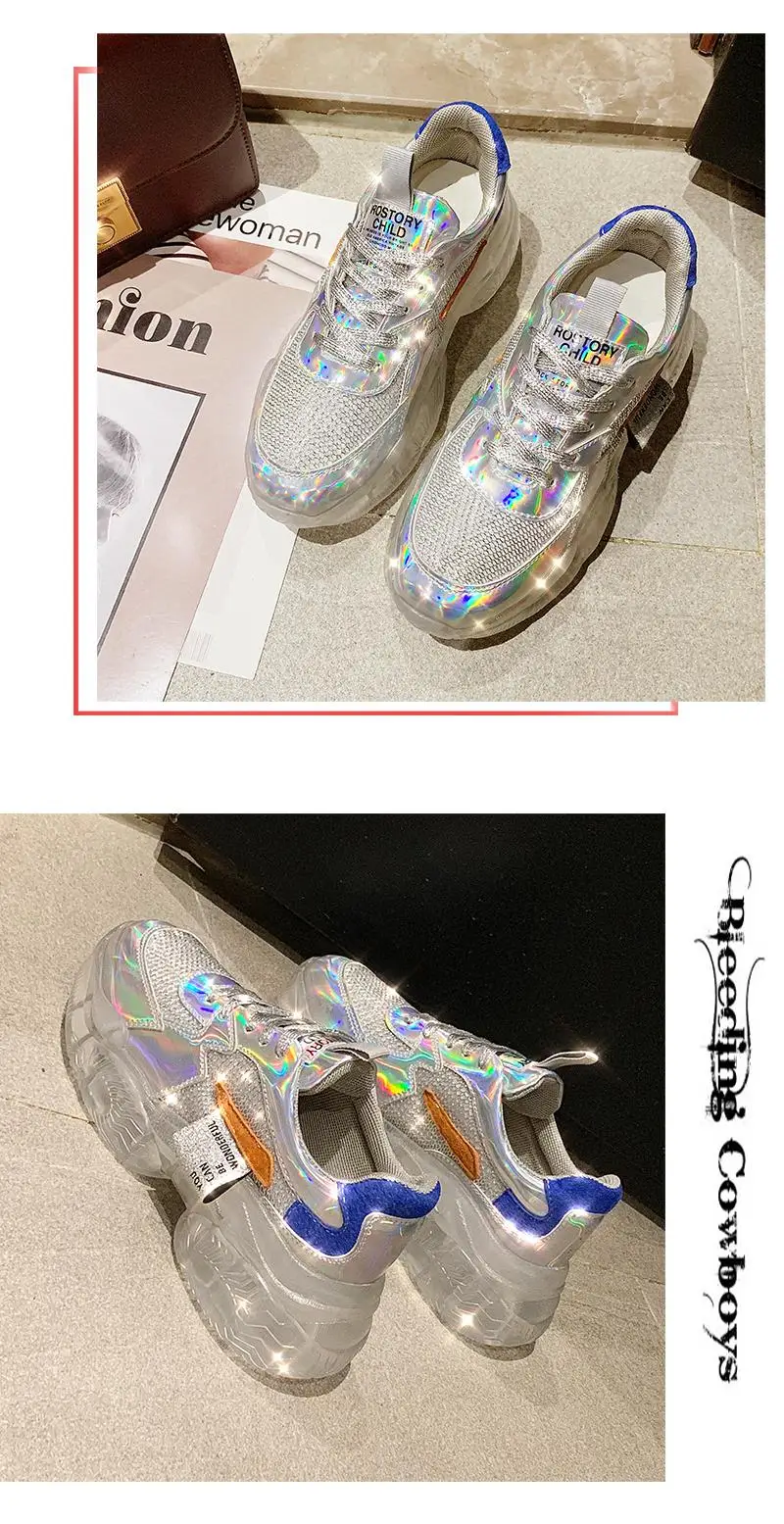 Весенние женские массивные кроссовки Harajuku, повседневные кроссовки на платформе, прозрачная подошва, дышащая сетка, кроссовки с кристаллами, UK-18
