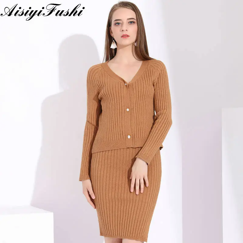 

Amolapha Knitted Suit Female Skirt Autumn Suit Female Top And Skirt Knitted Set For Women Sets Clothes Office 2 Piece Set