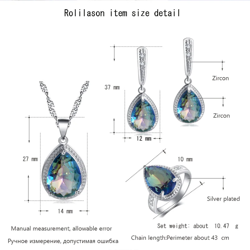 ROLILASON для женщин дизайн капли воды 925 серебро красочные синий циркон серьги ожерелье Кольца Ювелирные наборы JS737