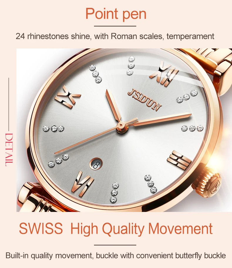 Reloj Mujer JSDUN швейцарские кварцевые часы для женщин розовое золото из нержавеющей стали женские наручные часы Дата роскошные женские часы montre femme
