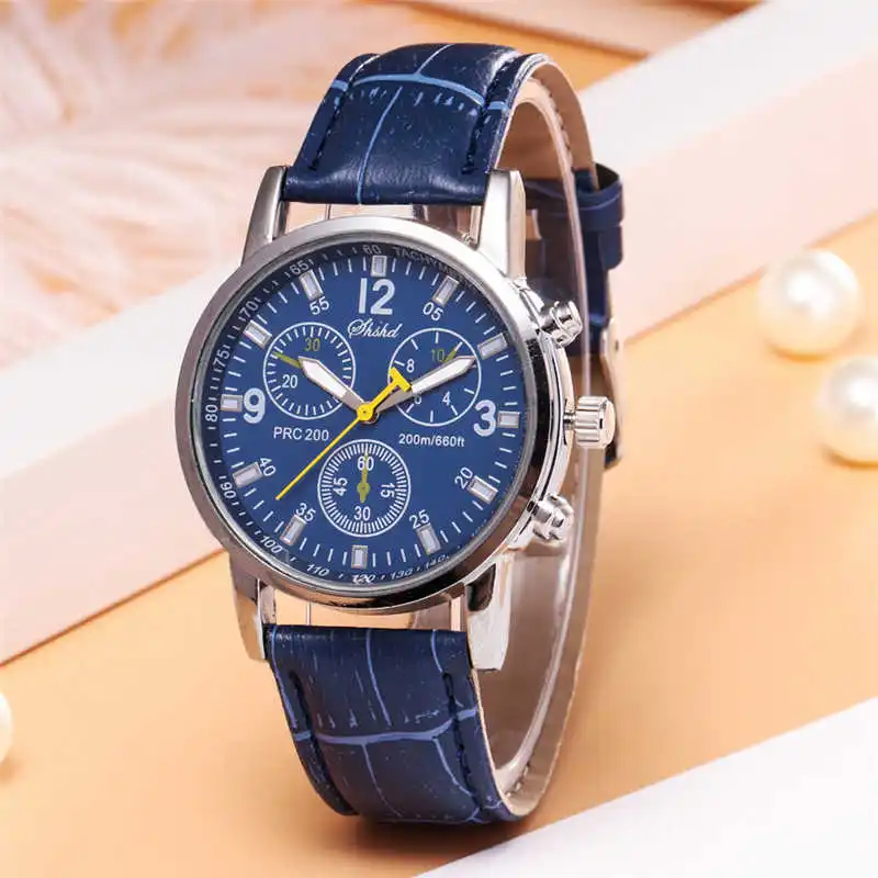 Blue-ray glass watch men luxury neutral quartz simulates wrist epidermal Leather Strap watch #4d26 (7)