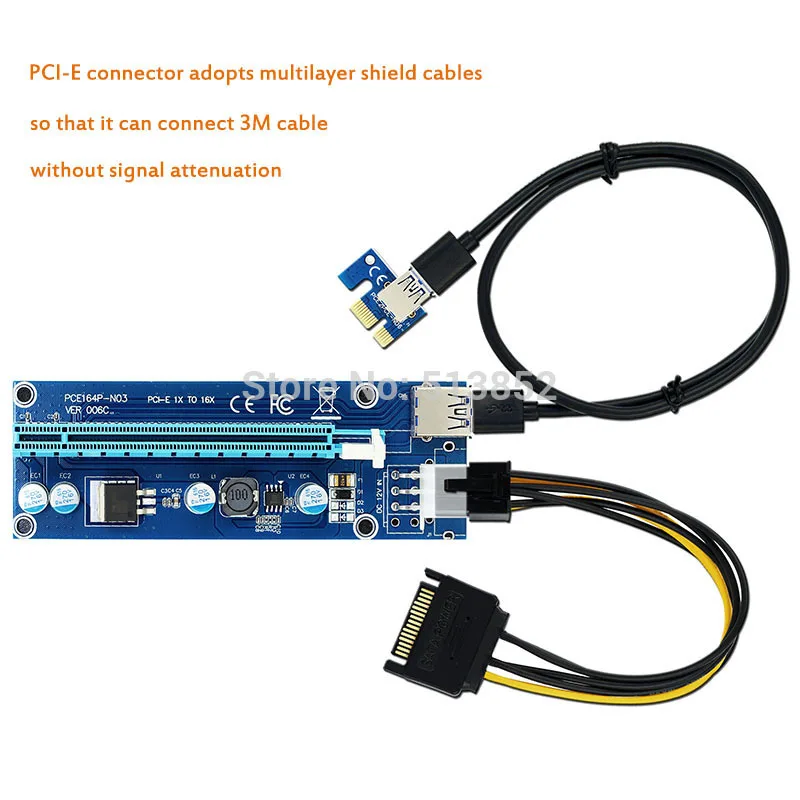 PC PCIe PCI-E PCI Express Riser Card 1x to 16x USB 3.0 Data Cable SATA to 6Pin IDE Molex Power Supply for BTC Miner Machine