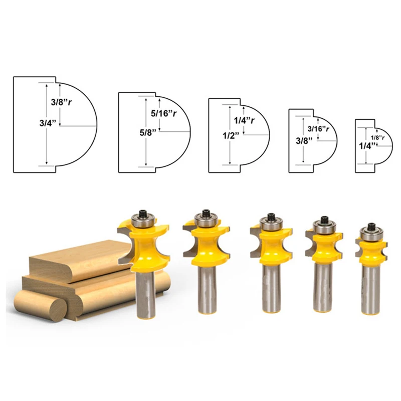 

5pcs 1/2" Shank Half Round Tenon Bullnose Router Bit 3/8 5/16 1/4 3/16 1/8 Woodworking Milling Cutter Tools