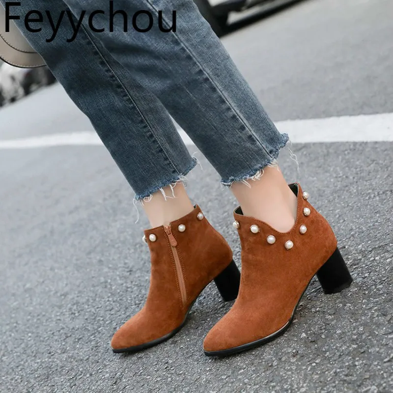 

Women Boots Autumn Winter High Heel Warm Flock Zip Ankle Chelsea Shoes 2018 Sexy New Fashion Pearl Wedding Dress Office Black