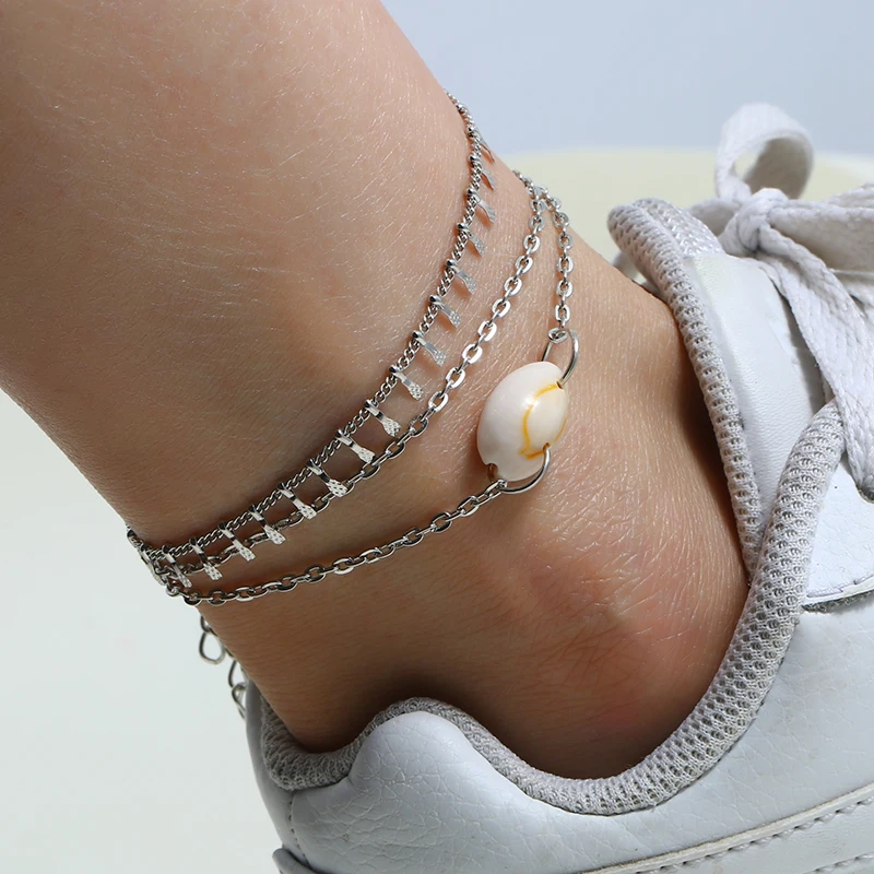 

L&H 2PCS/Set Shell Double Layer Anklets For Women Fashion Simple Silver Color Ankle Bracelets Beach Vacation Female Ankle Chain
