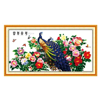 

JoySunday cross stitch Wealth & honour two peacocks flower DMC14CT11CTcotton needlework dininghall restaurant hotel painting