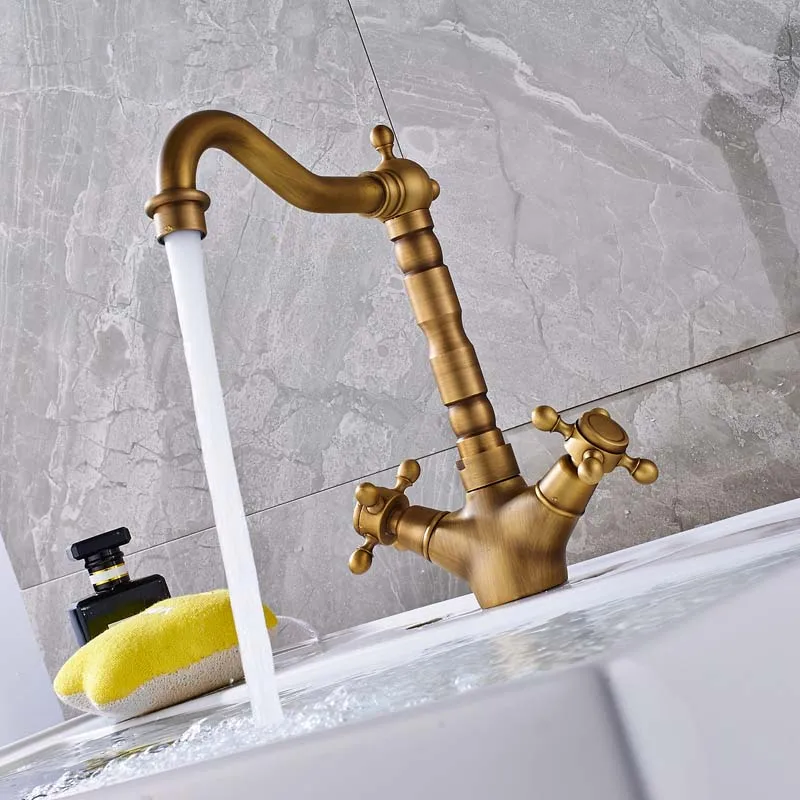 Dual Handle Swivel Bathroom Kitchen Sink Faucet Antique Brass Mixer Tap With Hot And Cold Water Deck Mounted basin faucet bathroom faucet kitchen faucet