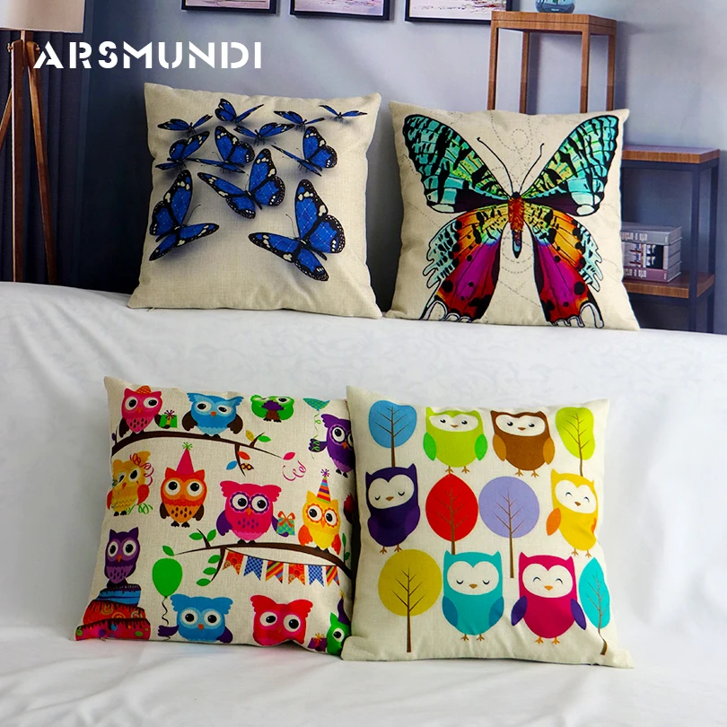 

Cute Cartoon Linen Cushion Cover Owl Printed Car Seat Cushion Cover Home Decorative Pillowcase Butterfly Animal Cushion Cover