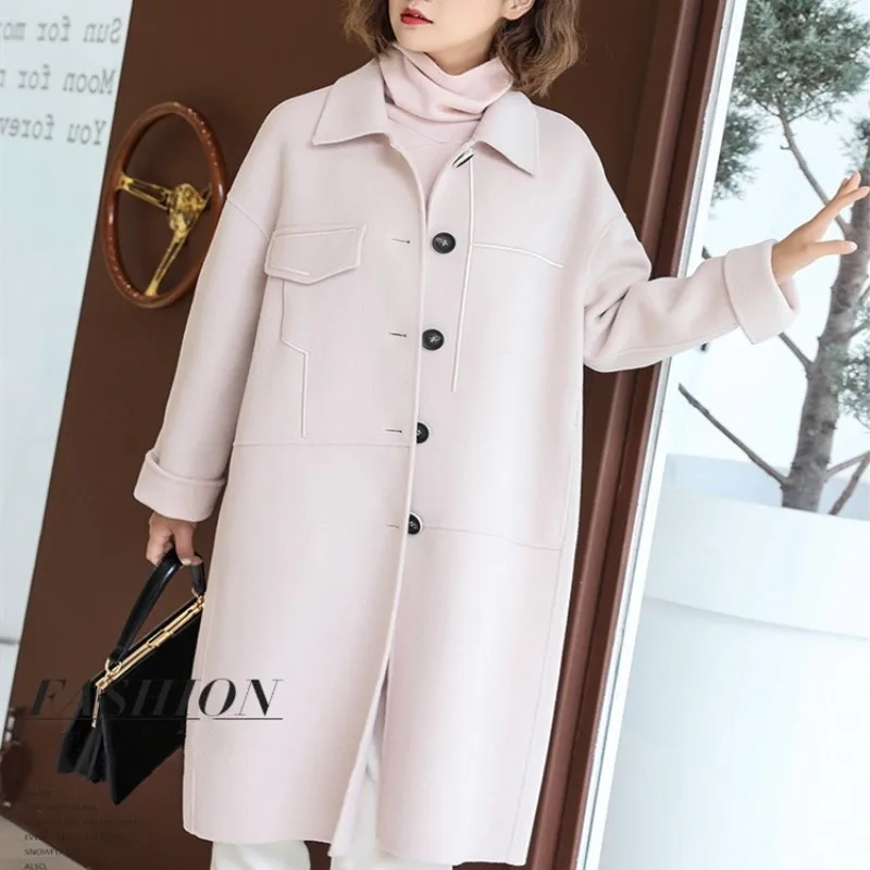 

Brand Loose Woolen Overcoat Women's Hand-made Double-sided Cashmere Coat European 100% Australian Wool Loose Woolen Overcoat