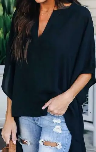 Hot 2019 Women Blouses Summer Elegant Irregular V-Neck Chiffon soft Tunic Casual Solid breathable Half batwing sleeve Top Shirts
