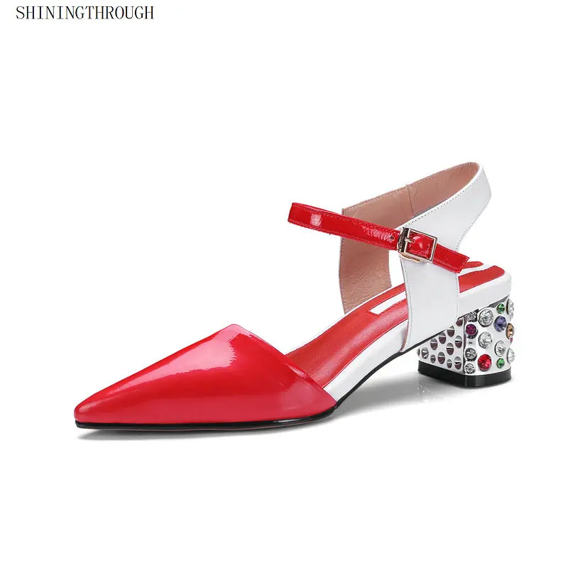 

New genuine leathe women sandals crystal square heels dress wedding shoes woman white red summer ladies sandals