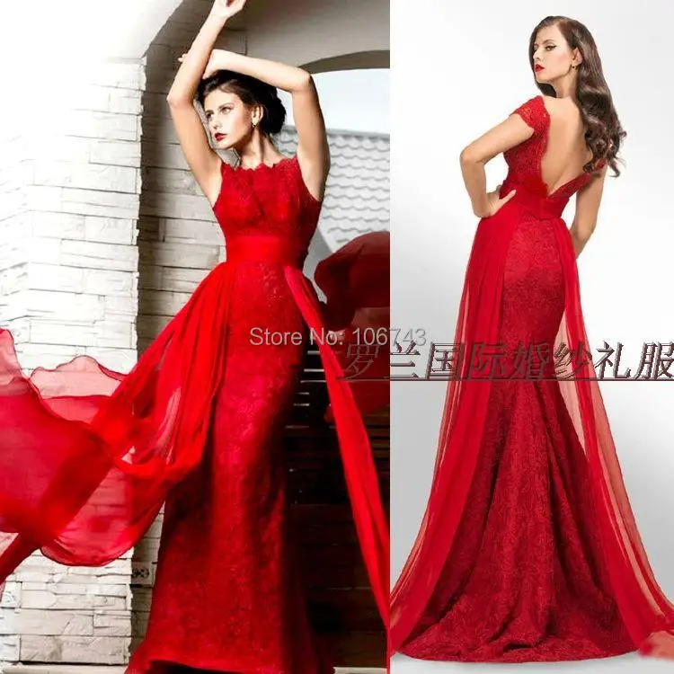 

free shipping salomon 2014 new design fashion hot sexy vestido de noiva Elegant red long lace party prom gown evening dresses