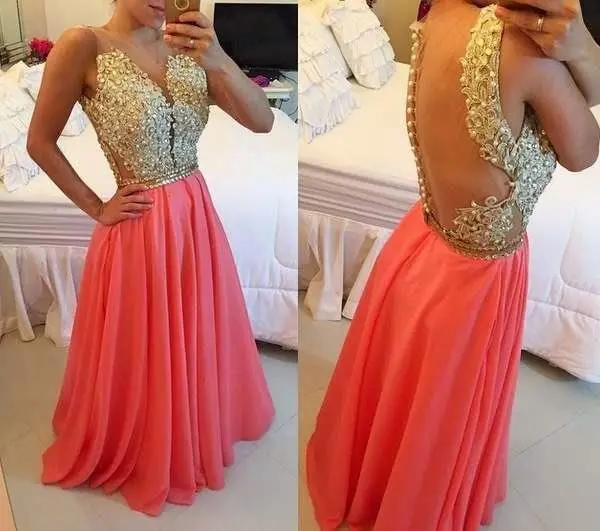 

New Arrival Sexy Middle East Chiffon Evening Dresses 2015 With Beading Applique Backless Crew Neck Charming Hot Prom Gowns ZY035