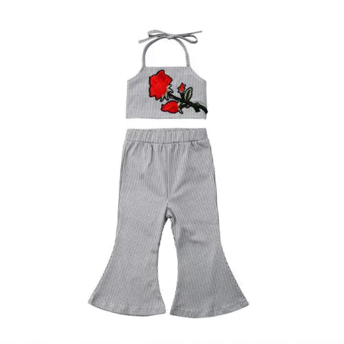 Новорожденных летняя одежда для маленьких девочек Майки цветок расклешенных брюк Цветочный свободные наряды Одежда для девочек От 1 до 5