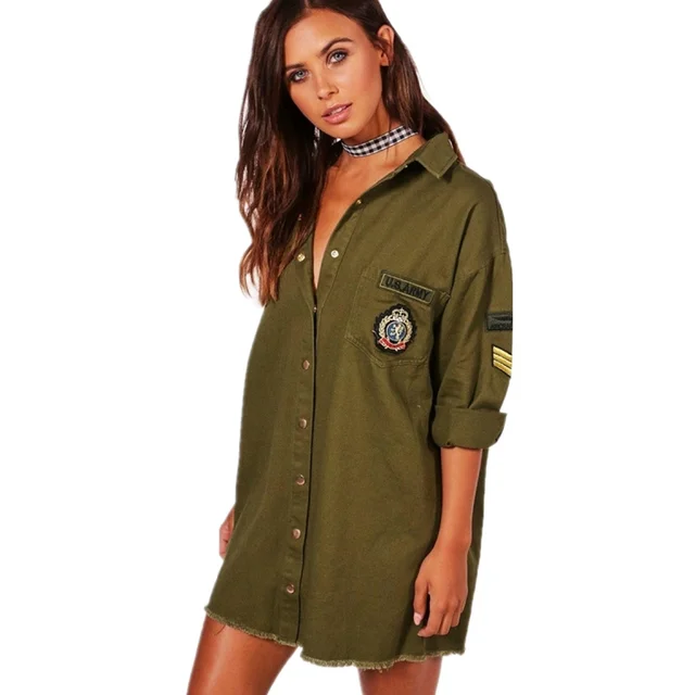 Buy Army Green Shirt Dress Turn down Collar Long Sleeve Spring Autumn Dress