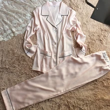 Высокое качество розовый Для женщин атласные пижамы Наборы для ухода за кожей вырезанным воротником одежда с длинным рукавом Рубашки для мальчиков с длинными Брюки для девочек Пижамный костюм женский пижамы 1925