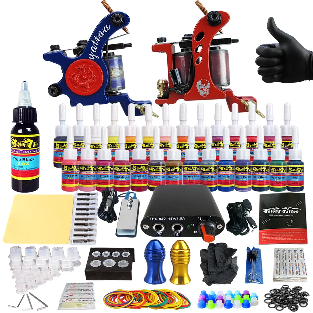 

Hybrid Complete Kit For Tattoo Liner and Shader Beginner Power Supply Foot Pedal Grips Needles Ink Set Tattoo Body&Art TK204-35