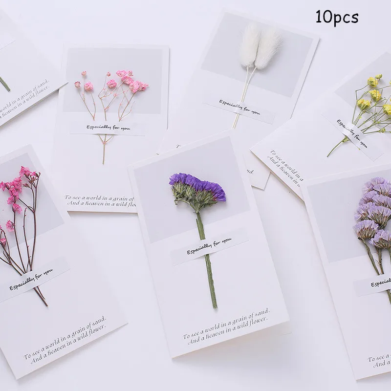 

10pcs Creative Dry Flowers Greeting Card DIY Thanksgiving Blessing Birthday General Greeting Cards for Christmas Valentine's Da