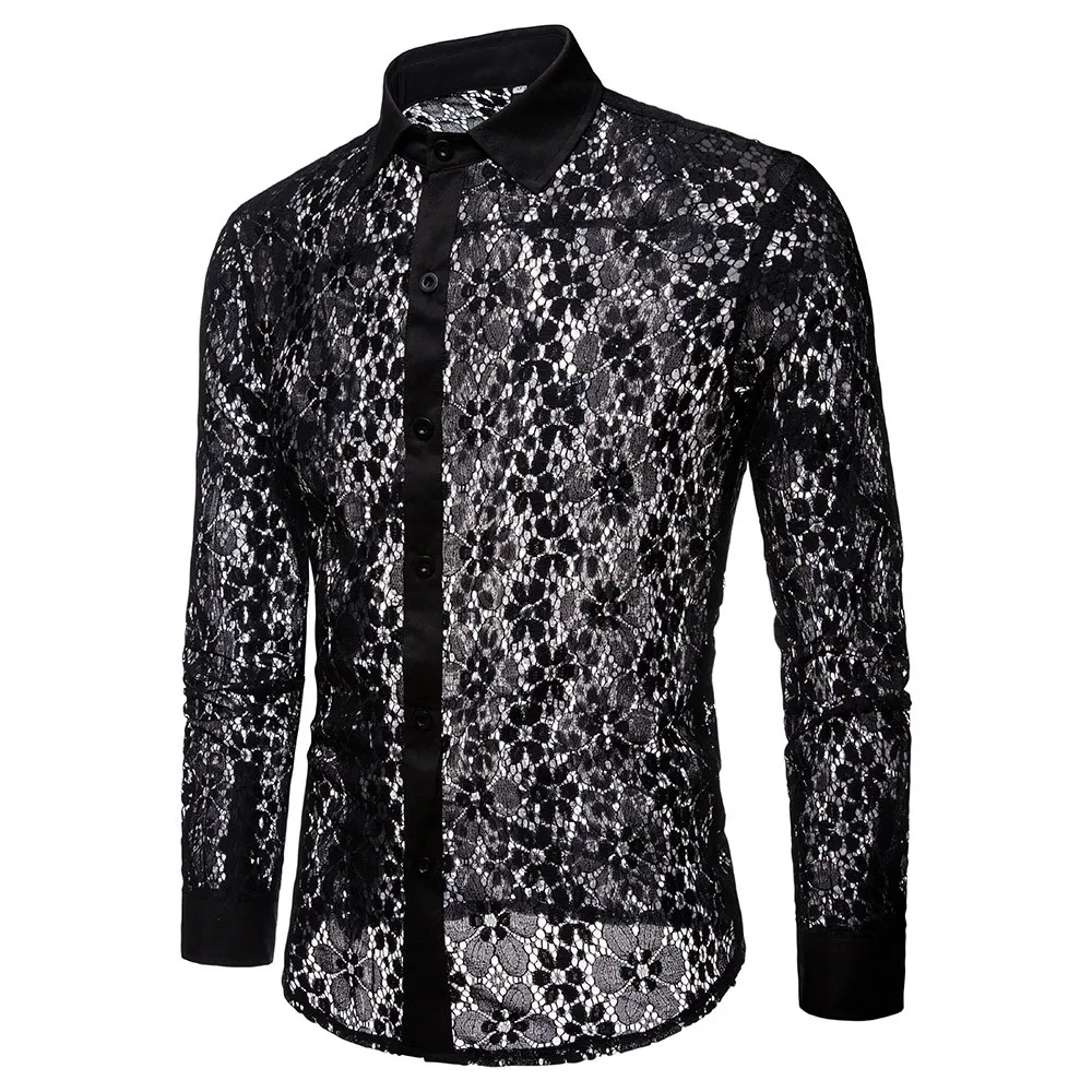 Для мужчин рубашки с длинным рукавом Сексуальная See Through Кружева V шеи Singlet осень мода Slim Fit прозрачные Футболки Уличная Топы W401