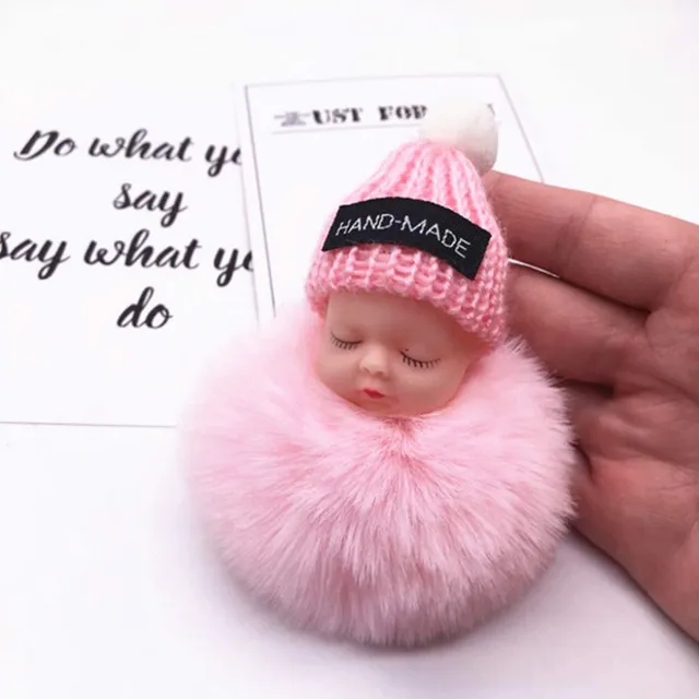 Fashion Colorful Sleeping Baby Doll Hanging Piece Hair Ball Pendant Cute Fluffy Pompom Chain Cotton Wool Holder Bag Ball Toy 2