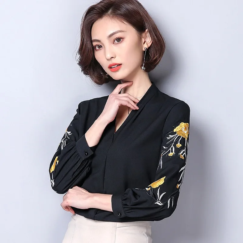 Chiffon Blouses Women Simple Long Sleeve Spring Autumn New Shirts Office Ladies V-neck Embroidered Casual Tops Clothes H9041 3