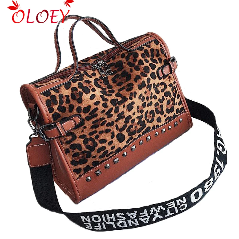 

Leopard Motorcycle Bags Brown Vintage Nubuck Leather Ladies Handbags Rivet Large Shoulder Messenger Bag Female Top Handle Bags