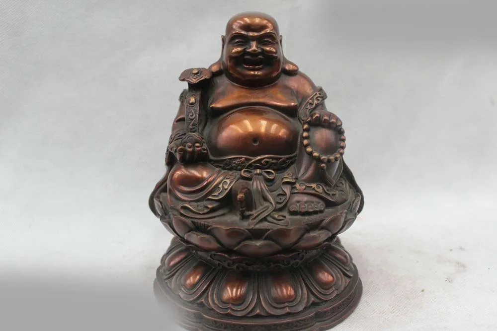 

8"China Buddhism Brass Yuanbao Dragon Happy Laugh Ru Yi Maitreya Buddha Statue