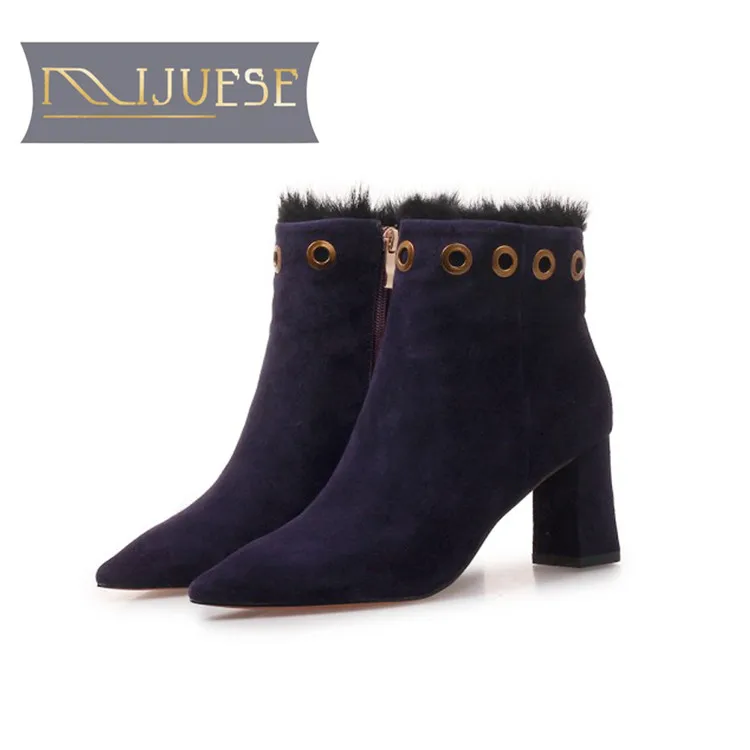 

MLJUESE 2019 women ankle boots Kid Suede zippers purple color winter short plush square heels high heels women boots