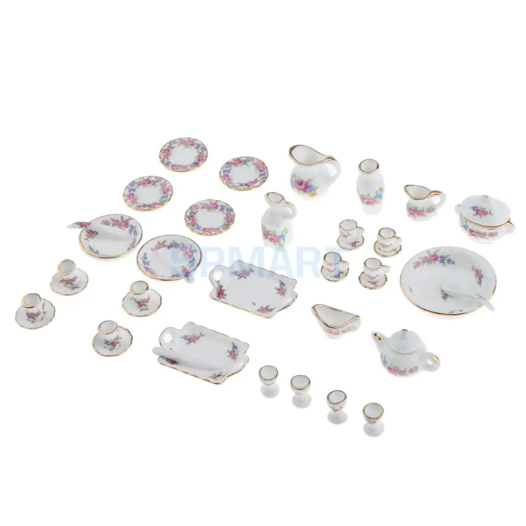 40 Pieces 1/12 Scale Rose Flowers Porcelain China Tea Set Pot Cup Saucer Plate for 12th Dolls House Decoration Accessories