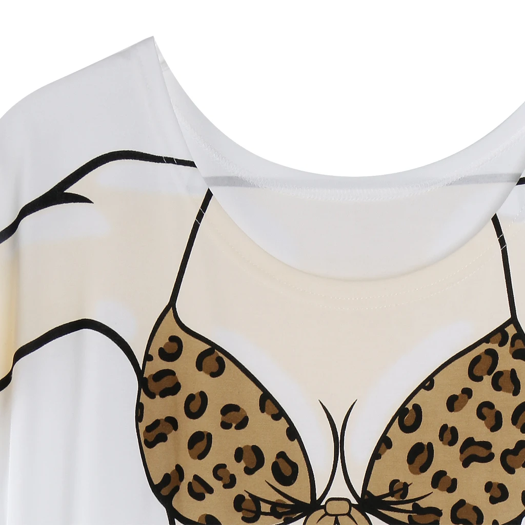Novelty Ladies Leopard Printed Bikini Cover-up T-shirt Tee Tops Birthday Gift Pajamas