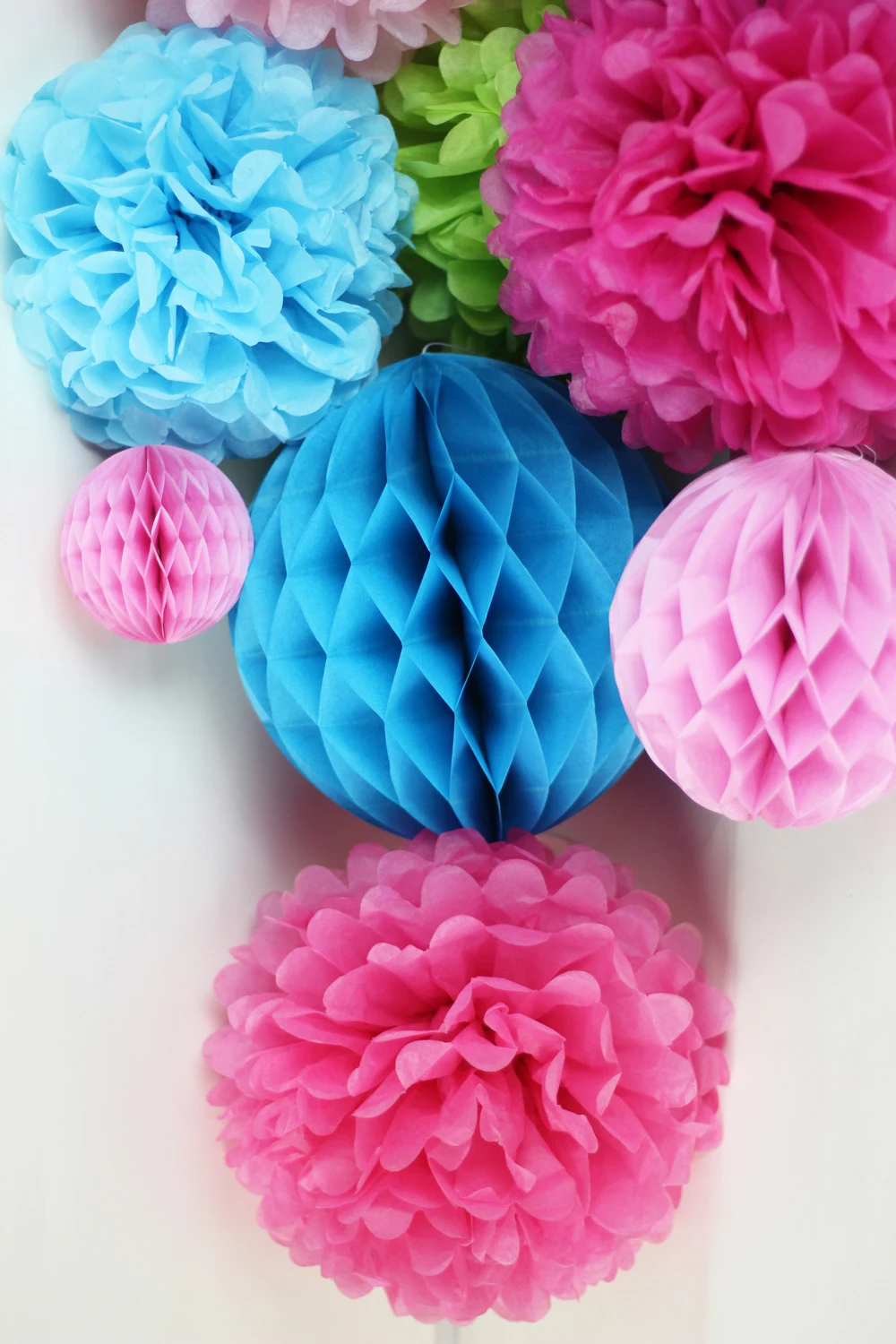 (Pink,Blue) 11pc Honeycomb Decoration Kit Paper Crafts(Pleated Lantern,Honeycombs,Pom Pom Flowers) for Wedding Birthday Party Nursery Decor (2)