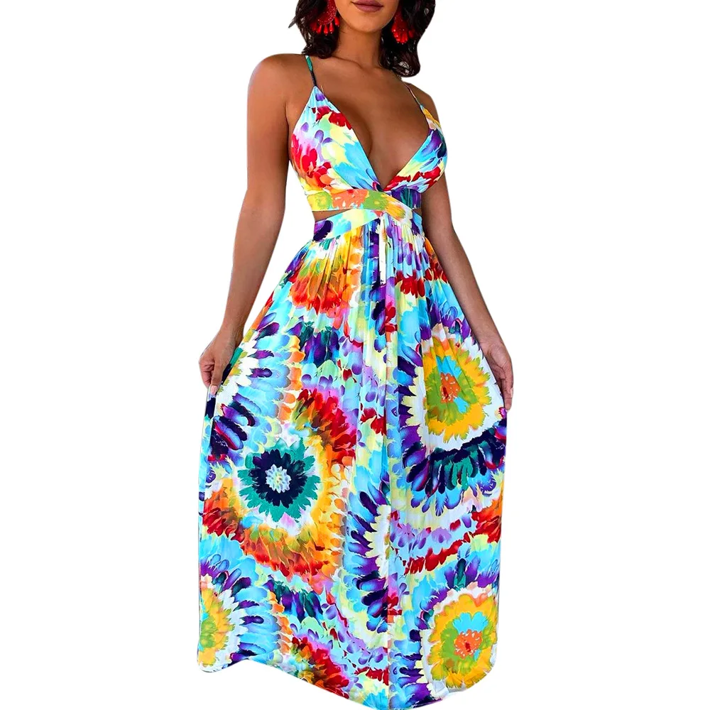 

Women Sling Dresses Tie-Dyed Printed V Neck Long Dress Female Bandage Bow Backless Sundress Sexy Elegant Fashion Casual Beach OL