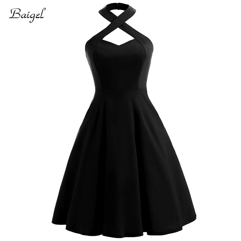 Womens Halter Vintage Rockabilly Dress Backless Sexy Night Club Dress