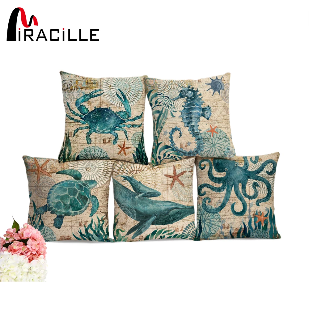 Miracille Sea Turtle Printed Cotton Linen Cushion Cover Marine Ocean Sea Horse Home Decor Pillowcase Octopus Sofa Cushion Case Miracille Sea Turtle Printed Cotton Linen Cushion Cover Marine Ocean Sea Horse Home Decor Pillowcase Octopus Sofa Cushion Case
