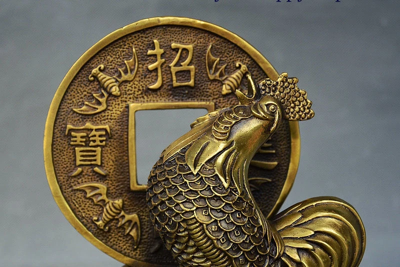 

Chinese Copper Bronze Feng shui Wealth Rooster Cock Coin Tongqian Yuanbao Statue