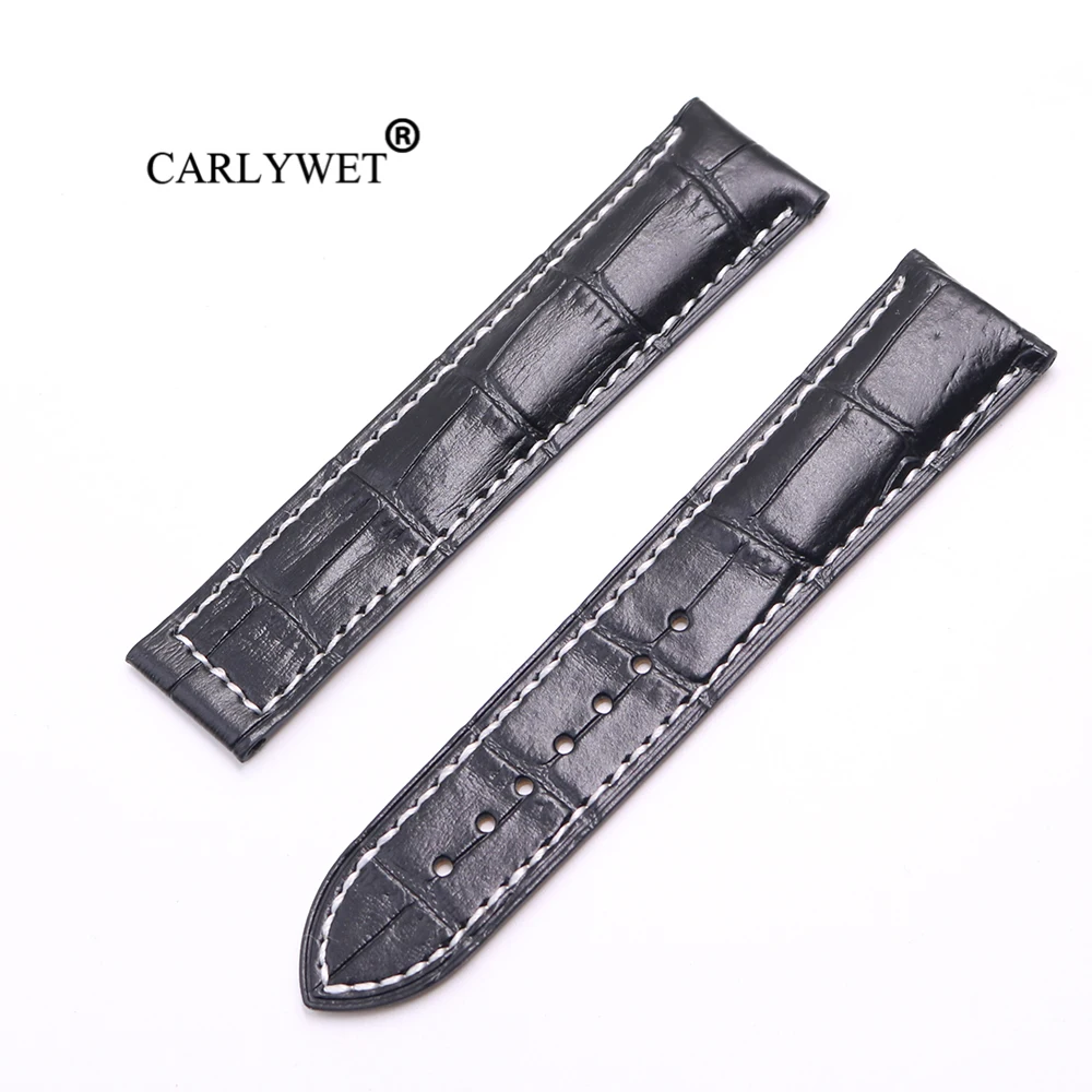 

CARLYWET 20 22mm Wholesale Black With white Stitches High Quality Genuine Leather Replacement Watch Band Strap Belt For Omega