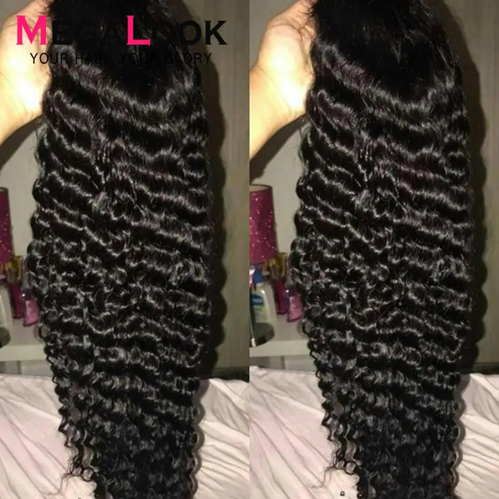 Megalook волосы перуанские глубокая волна человеческих волос парики для черных женщин 180 плотность короткие и длинные Remy человеческие 360 синтетический фронтальный парик
