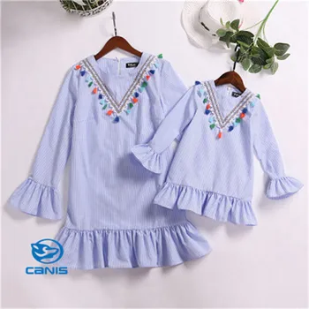 

Mother Daughter Women Toddler Kids Baby Girls Matching Striped Long Sleeve Cotton Boho Ruffle Dress Family Clothes Outfits