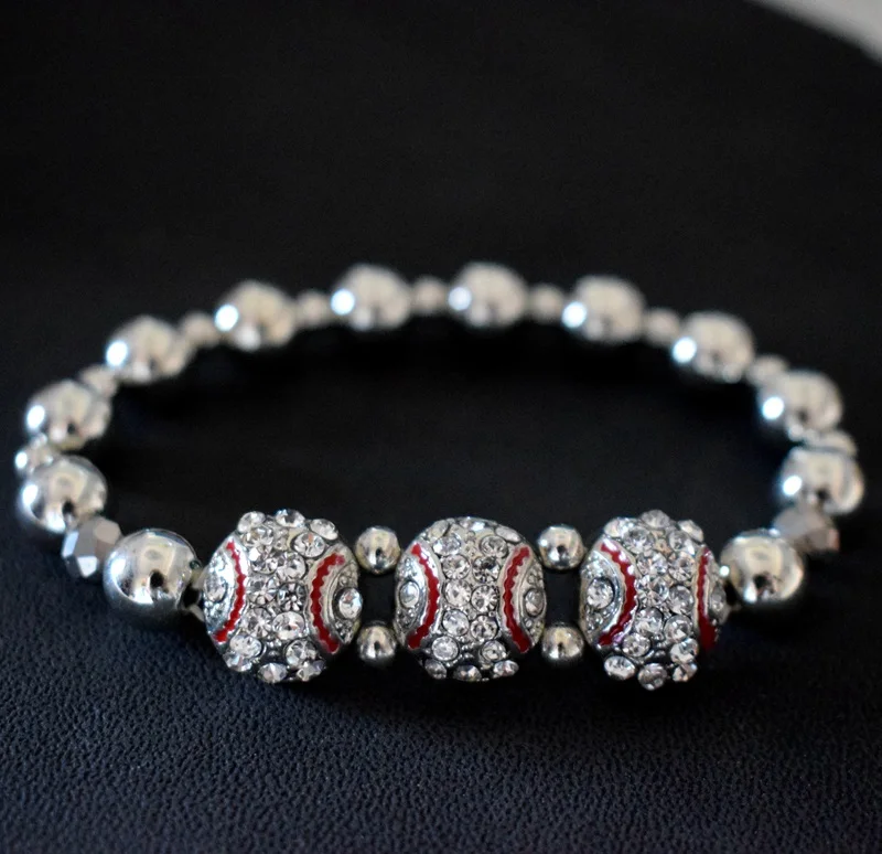 

Silver Rhinestone Baseball Bracelet Bead Charm Bangle Elastic Sports Wristband Sporty Jewelry Team Souvenirs Gift 1PCS