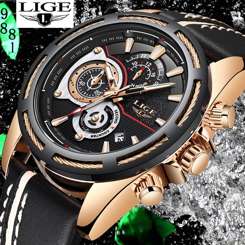 

Reloj Hombre LIGE Multifunction Sport Style Men Quartz Luxury Watch Waterproof Leather Strap Chronograp Date relogio masculino
