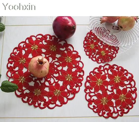 

Luxury lace red embroidery table place mat pad cloth cup mug holder dining coaster Christmas glass placemat drink doily kitchen