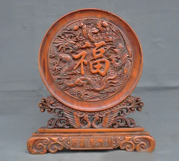 

wedding decoration China Boxwood wood Hand carved phoenix bird Dragon Loong statue Screen Byobu