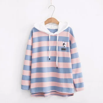

Autumn Casual Hooded Sweatshirts Student Sweet All Match Dog Embroidery Striped Hoodies Preppy Style Chic Sweatshirt for Women