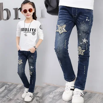 

New for Spring and Autumn girls Casual Jeans Patchwork Straight Jeans for 3-12Y